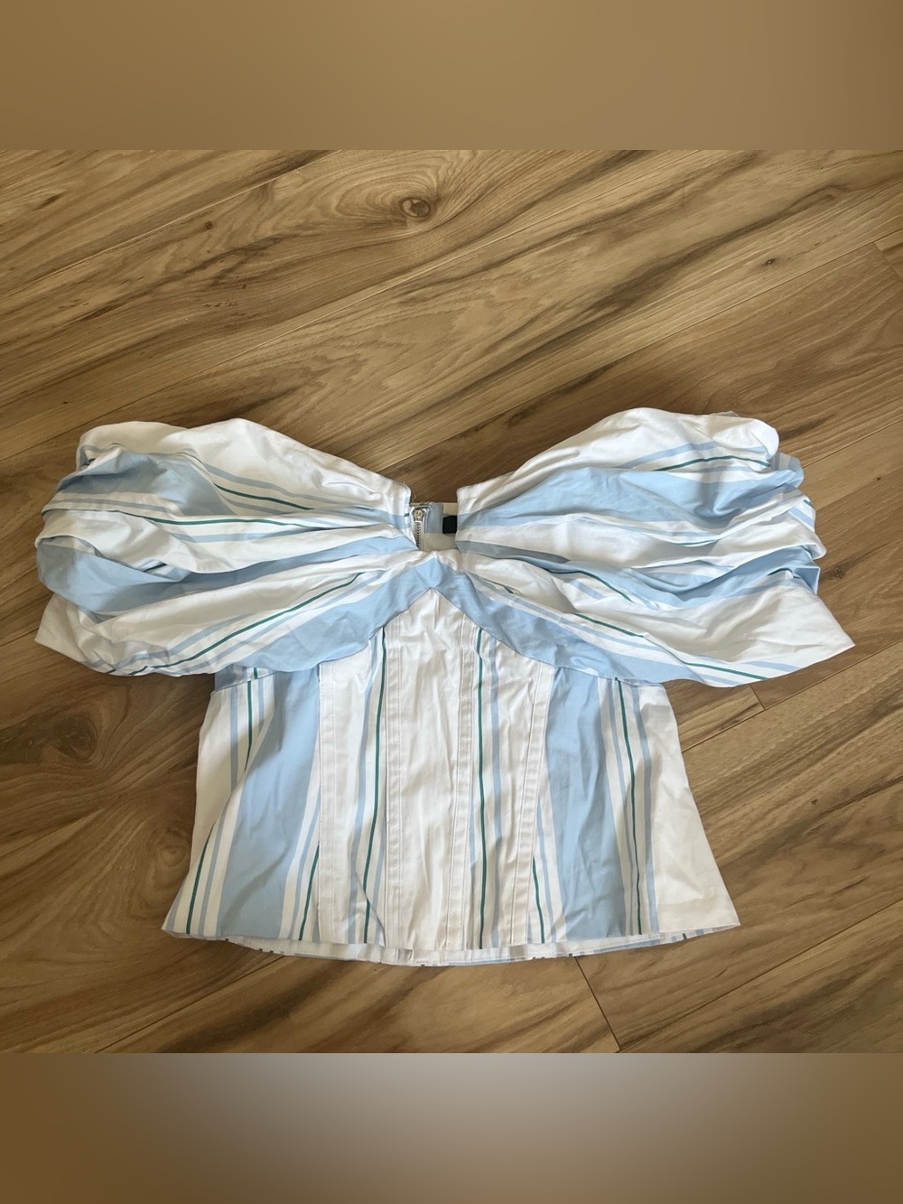 White House Black Market Light Blue & White Off-Shoulder Puff-Sleeve Top